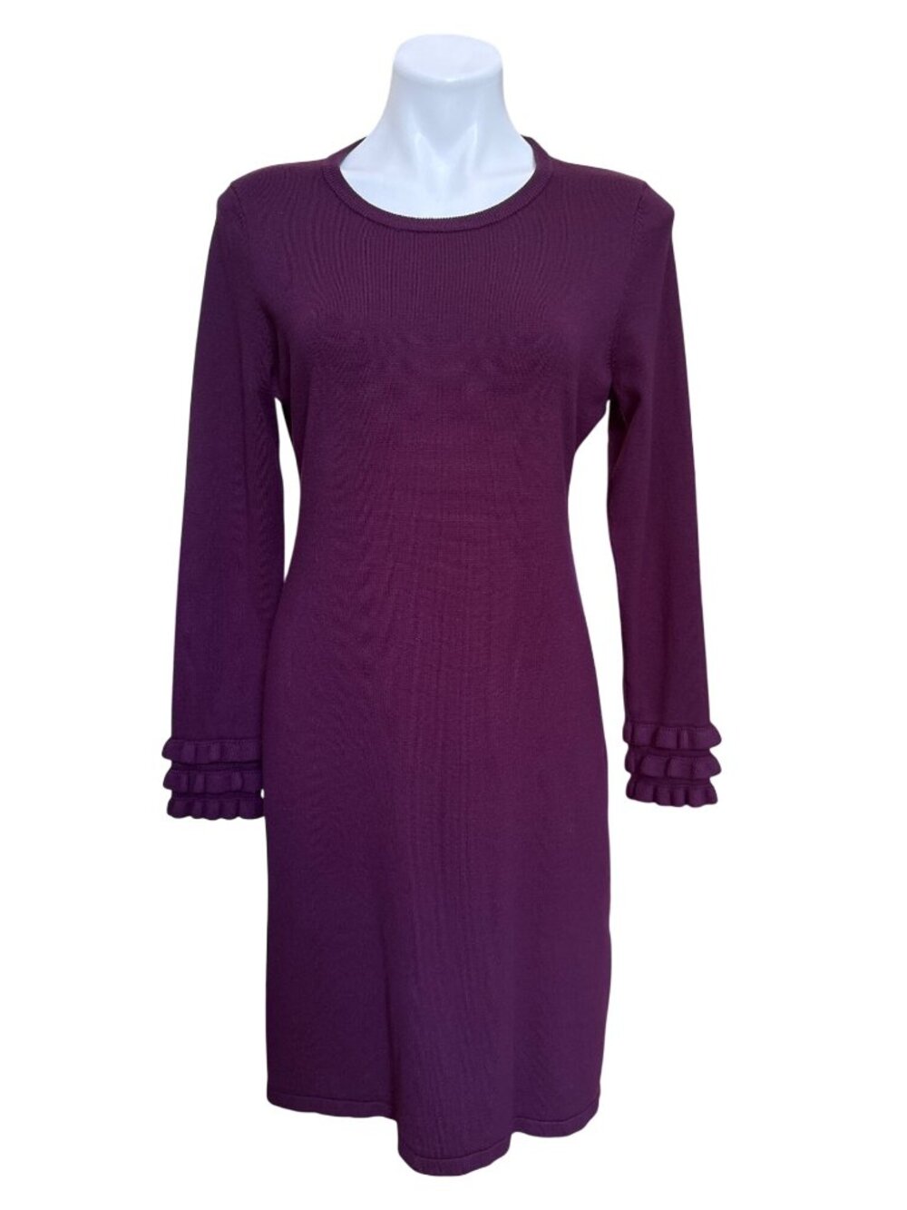 Calvin Klein NWT Women's Purple Knit Dress With Ruffle Cuff Long Sleeves, Size L